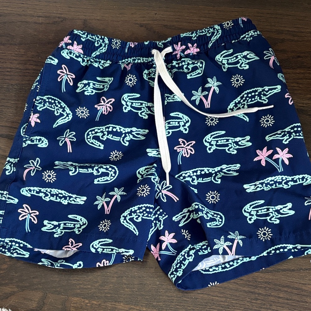 chubbies Kids Navy Swim Trunks with Mint & Pink Crocodile Print